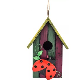 Bird Wooden Decorative Hanging Bird House Hand Painted Birds Box with (Ladybug)
