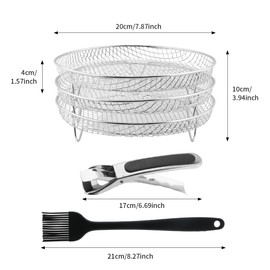 Air Fryer Accessories, 3 Layer Stackable Dehydration Racks, Stainless Steel Air Fryer Basket Tray Dehydration Rack with Oil Brush, Food Clip and Heightening Feet(as Shown)