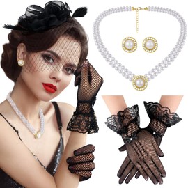 Fascinator Hats for Women Tea Party Hats and Gloves Set Include Mesh Hats Lace Gloves Pearl Necklace Earring for Women Girls (Black,Elegant Style)