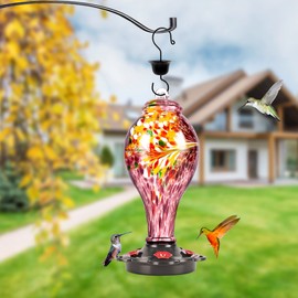 LUJII Hummingbird Feeders for Outdoors, Hand Blown Glass, Never Fade, 36 fl.oz, 5 Feeding Stations, Much Bigger, Garden Backyard Decorative, Pretty Gift for Bird Lover, Purple