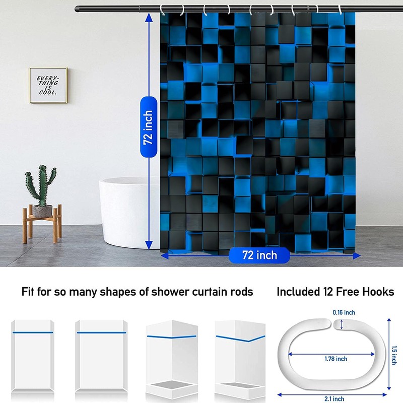 NBVKO 3D Cubes Shower Curtain，Blue Black Shower Curtains for Bathroom，Modern