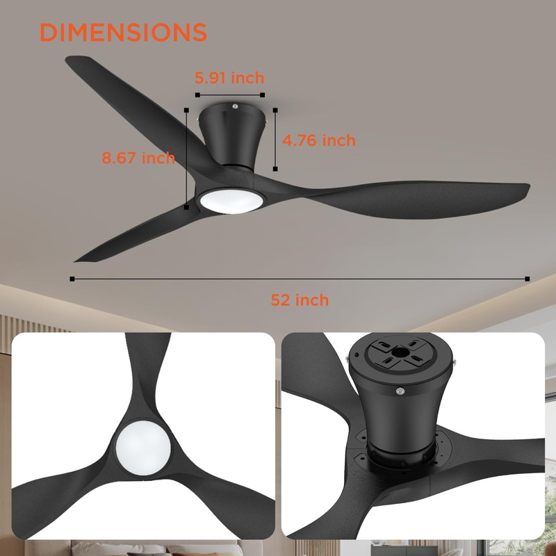 TALOYA Ceiling Fans with Lights,52 inch Modern Low Profile Ceiling
