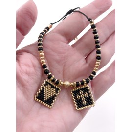 SIFRIMANIA Adjustable Beaded Scapular Medal Duo Black Bracelet, Color Glass Seed Beads, Handwoven with Heart and Cross Symbols.