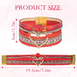 GZJINYUAN Heart Leather Wrap Bracelet, Boho Layered Cuff Bangles with Strong Clasp, Rhinestone Multilayer Stackable Bracelets for Women Girls Gift (Red), One Size, Faux Leather, no gemstone