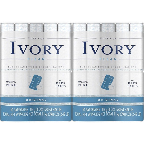 Ivory Clean Original Bar Soap, 4 Ounce, 10 Count (Pack of 2) Total 20 Bars