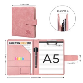Agoer Clipboard Folder DIN A5,Faux Leather Clipboard with Magnetic Cover Legal Pad Conference Presenter Portfolio Folder A5 Clip Board Resume with Storage Sticky Tabs,Pen for Business Office,Pink