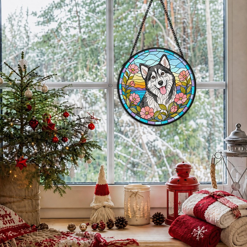 Husky Dog Flower Stained Glass Suncatcher Window Hanging Decor
