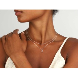 MBW Silver Initial Necklaces for Women Trendy, 14K Layered Necklace for Women Girls Dainty Silver Letter Pendant Figaro Choker Necklaces Costume Monogram Name Necklace Silver Simple Tiny Jewelry Set,