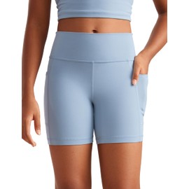 CRZ YOGA Girls Butterluxe Athletic High Waist Biker Shorts with Pockets - Lounge Active Dance Yoga Running Shorts Kids Teen Cambric Blue Medium