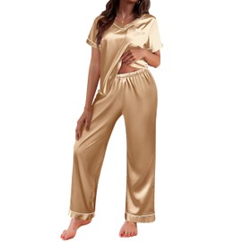 Ekouaer Womens Silk Satin Pajamas Set Two Piece Pj Sets Sleepwear Loungewear Short Sleeve Pj Sets Champagne