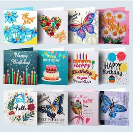 YYBD 12 Pack 5D Diamond Painting Greeting Cards Kit DIY Mosaic Making Birthday Cards Drill Rhinestone Embroidery Arts Craft Spring Summer Butterfly Happy Birthday DIamond Cards for Family Friends Time
