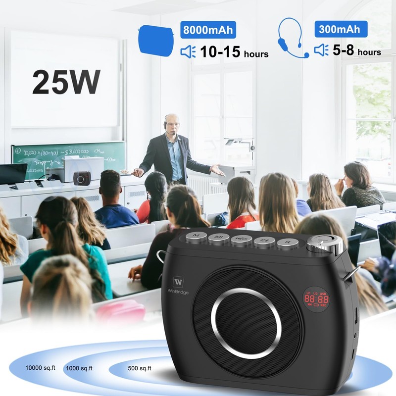 25W Wireless Voice Amplifier with Two Bluetooth Headset Microphones, High