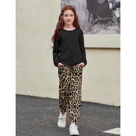 Arshiner Girls 2 Piece Outfits Black Tracksuits Sweatshirts and Leopard Pants with Pockets Kids Clothing Sets
