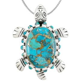 Turtle Turquoise Pendant Necklace 20" Sterling Silver 925 Genuine Gemstones (Teal/Matrix Turquoise)