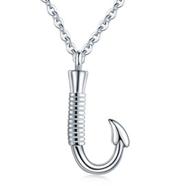AZFVBQL Fishing Hook Cremation Necklace for Ashes Fish Hook Stainless Steel Urn Jewelry Memorial Pendant Keepsake for Men (Silver)