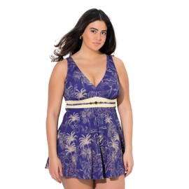 Ulla Popken Women's Plus Size Plus Size Swimming Dress Palm Trees Soft Cups Recycled Powermesh 837526, midnight blue, 60