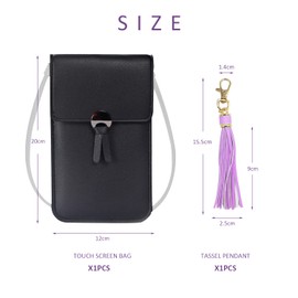 PFLYPF 1 x Card Holder and 1 x Tassel Pendant Fashion Messenger Bag Retro Shoulder Bag Touch Screen Phone Bag Small Purse Women (Black), black