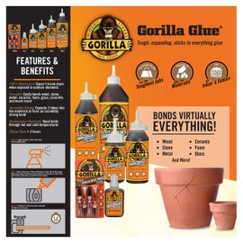 Gorilla Original Gorilla Glue, Waterproof Polyurethane Glue, 2 ounce Bottle, Brown, (Pack of 10)