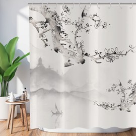 Asdcxz Plum Blossom Shower Curtain, 180 x 180 cm, Asian Chinese Watercolour Grey Plum Blossom, Boat, Washable Shower Curtains, Polyester Textile, Waterproof Shower Curtain for Bathtub, with 12 Hooks