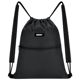 WANDF Drawstring Backpack with Shoulder Pad String Bag Sackpack Cinch Water Resistant Nylon for Gym Shopping Sport Yoga (Black)