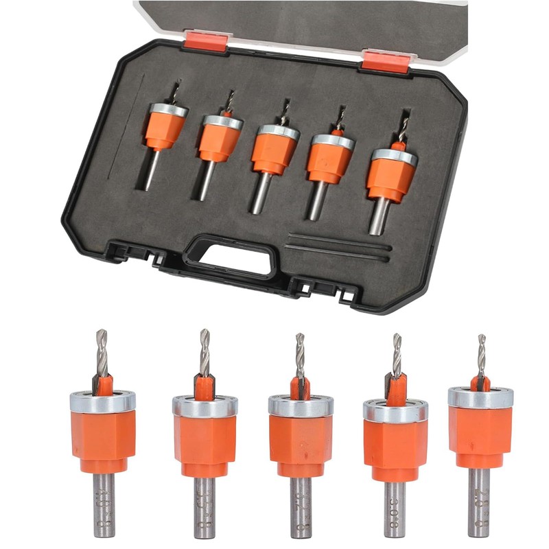 5-Piece Countersink Drill Bit Set with Adjustable Depth Stop for
