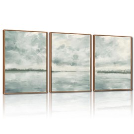 CHDITB Watercolor Sky Cloud Framed Canvas Wall Art Set, Vintage Cloudy Wall Decor, Neutral Minimal Wall Painting, Blue Gray Ocean Sky Art Prints for Living Room, Bedroom, Office Large Size 16"x24"x3