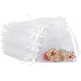 100 Piezas Bolsas de Organza 7x9CM, Mini Bolsas de Regalo con Cordón, Bolsas de Dulces para Boda, Fiesta, Cumpleaños, Navidad, Joyería, Caramelos, Auriculares, Recuerdos y Souvenirs (Blanco)