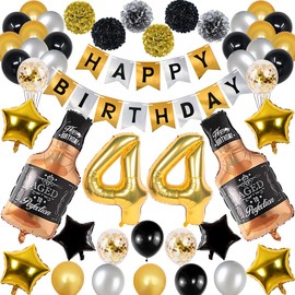 NANINUNENO 44th Gold Birthday Decorations, Gold Black Silver Happy Birthday Balloons Supplies for Men Women, 44 Birthday Party Set with 44 Gold Number Balloons Happy Birthday Banner