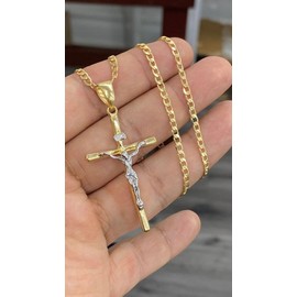 Isas Jewelry Crucifix Pendant 14K Necklace 24" Two Tone Chain Jewelry Fashion Cadena Hombres
