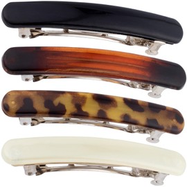 SmallCat 4PCS 2.48 Inch Tortoise Shell Hair Clips for Women, Oval Classic French Hair Barrettes, Curved Glossy Hair Accessories for Women Thick Long Hair (Black, White, Leopard Color, Amber)