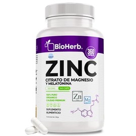 BioHerb® | Zinc y Magnesio con Melatonina, Fórmula de Bienestar y Relajación Natural con 360 Cápsulas de 500 mg (Suministro Para 12 Meses) Gluconato d