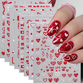 8Pcs Valentines Day Nail Art Stickers Decal Red Heart Nail Sticker 3D Self-Adhesive Red White Love Heart Letter Nail Design Valentine Day Heart Nail Charms Decals for Acrylic DIY Manicure Decorations