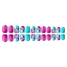 Short Press on Nails Square Shaped Fake Nails with Designs Coconut Tree Gel Glue on Fingernails Summer Acrylic Nails Pink Green Gradient Artificial Nails Glossy Stick on Nails for Women
