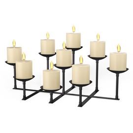 Tuohours Fireplace Candle Holder with 9 Wax Pillar Plates, Candelabra Floor Mantle Iron Candles Stand for Inside Fire Place Decor Table Centrepiece Wedding Party Advent Decoration, Black