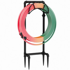 LAND·VOI Hose Holder, Garden Hose Storage Freestanding, Metal Heavy Duty Water Hose Holder Holds 150 Feet Hose, Detachable Hose Storage Hanger for Outside with 4 Spikes, for Lawn Yard, Black GHH02B