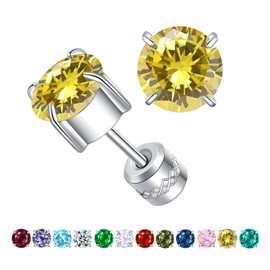ZOCOYUU Titanium Screw Back Surgical Stainless Steel Stud Earrings for Women Men,Hypoallergenic Birthstone Stud Earrings Double Side 5A Cubic Zirconia Studs Jewelry 6mm (November(Yellow))