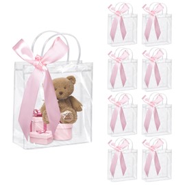 10 Pack Clear Gift Bags with Pink Ribbons, 16× 15× 7 cm Small Clear Plastic Gift Bags with Handles Clear Party Bags for Favors