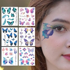 Kinretixia® 14 Sheets Glitter Butterfly Temporary Tattoo Stickers for Women Girls Eyes Face Makeup Decoration Flash Fairy Wings