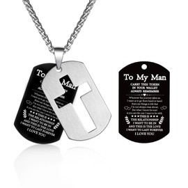 P.BLAKE To My Man Dog Tag Cross Necklace from Wife Girlfriend, Stainless Steel Cross Pendant Christmas Valentines Christian Religious Birthday Jewelry Gifts for Men Him