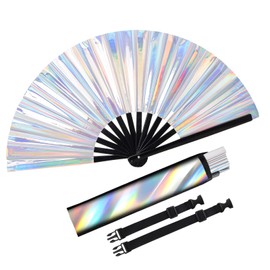 Fumwase Large Folding Hand Rave Fan Laser Silver Hand Fan Holographic Big Hand Fan with Rave Fan Holster Bamboo Festival Fan Clack Hand Fan Rave Accessories for Women Men EDM Club Party Dance