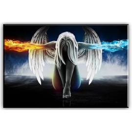 Fire and Ice Water Angel Wall Art for Living Room, SZ Abstract Anime Oil Painting Canvas Prints Decor of Beautiful Wing Girl Picture (Bracket Mounted Ready to Hang, 1" Thick Frame, Waterproof, Large)