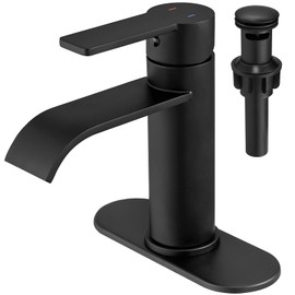 VOTON Matte Black Waterfall Bathroom Faucet, Single Handle 1 or 3 Hole Modern Sink Faucet with Deck Plate & Pop-Up Drain, RV Camper Washbasin Tap