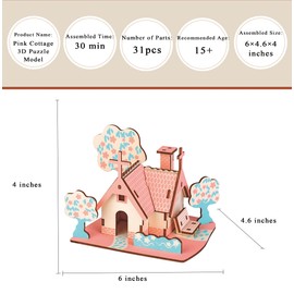 MPIUET 3D Wooden Puzzle for Adults, Pink Little House Model Kits to Build, Log Cabin 3D Puzzle, Wooden Country Cottage Building Model, No Glue or Other Tools Required, Tabletop Decoration