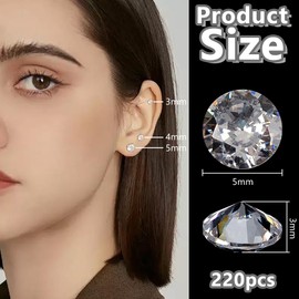 FINGERINSPIRE 220 Pcs 5mm Round Cubic Zirconia Stone Clear Grade A Loose CZ Diamond Stones Tiny Faceted Rhinestone Cabochons Small Pointed Back Crystal Diamante Gems for Ring Earring Jewelry DIY