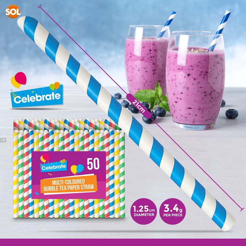 50pk Colourful Bubble Tea Straws 21cm | Large & Thick