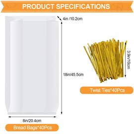 vivinin 70 Pack Bread Bags & 100 Pack Ties, 8" x 4" x 18" Clear Bread Bags for Homemade Bread, Reusable Plastic Bread Bags, Bread Loaf Bags, Bread Storage Bags for Bakers, Bakery Owners