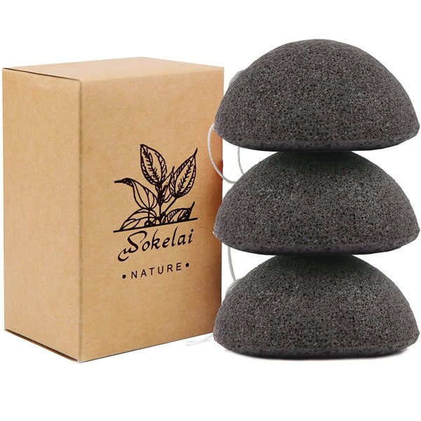 Pack of 3 Natural Konjac Sponges, Face Sponges, Facial Cleanser, Facial Cleanser, Sustainable with Activated Carbon and Aloe Vera for All Skin Types (Black)