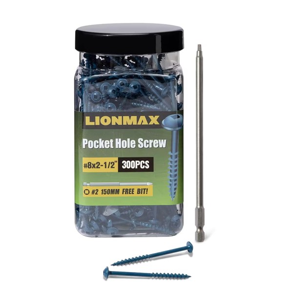 Pocket Hole Screws 2-1/2 Inch, LIONMAX Pocket Screws #8 x 2-1/2" 300PCS for Exterior, Blue Coated Pocket Hole Screw, Coarse Thread, Washer Head with Square Drive, 150MM Drive Bit Included