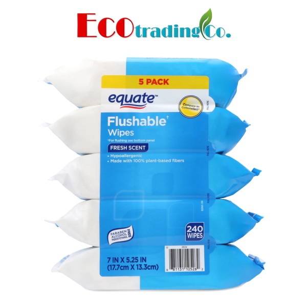 Equate Hypoallergenic Flushable Wet Wipes, Fresh Scent, 5-Pack (240 Total