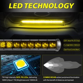 30 Inch Amber Light Bar Kit, AKD Part 168W Single Row LED Light Bar w/Wiring Harness Black Cover Spot Flood Combo Slim Bumper Grille Yellow LED Bar for Truck UTV SUV Toyota Chevy Subaru RZR Roof